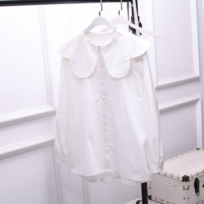 春秋新款娃娃领打底衫白衬衫女上衣大门宽松设计感韩洋气减龄百搭
