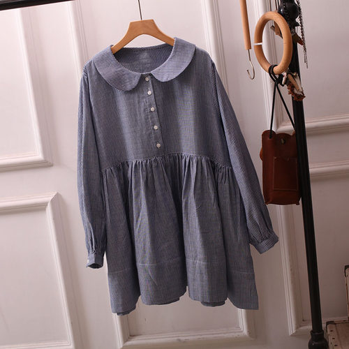 日系复古娃娃领格纹显瘦衬衫