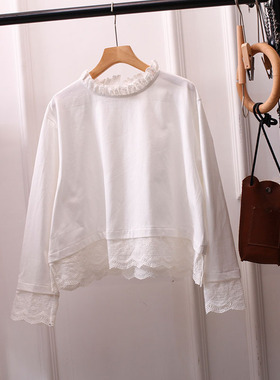 日系长袖高领t恤女上衣蕾丝宽松百搭文艺显瘦大码设计感打底衫胖m