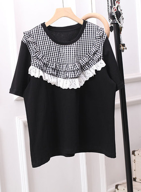 夏季新款日系百搭黑色甜美荷叶花边拼接格子短袖T恤森女系文艺胖M