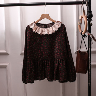 设计感荷叶边 女上衣宽松百搭棉麻小清新大码 日系花边领娃娃衫 长袖