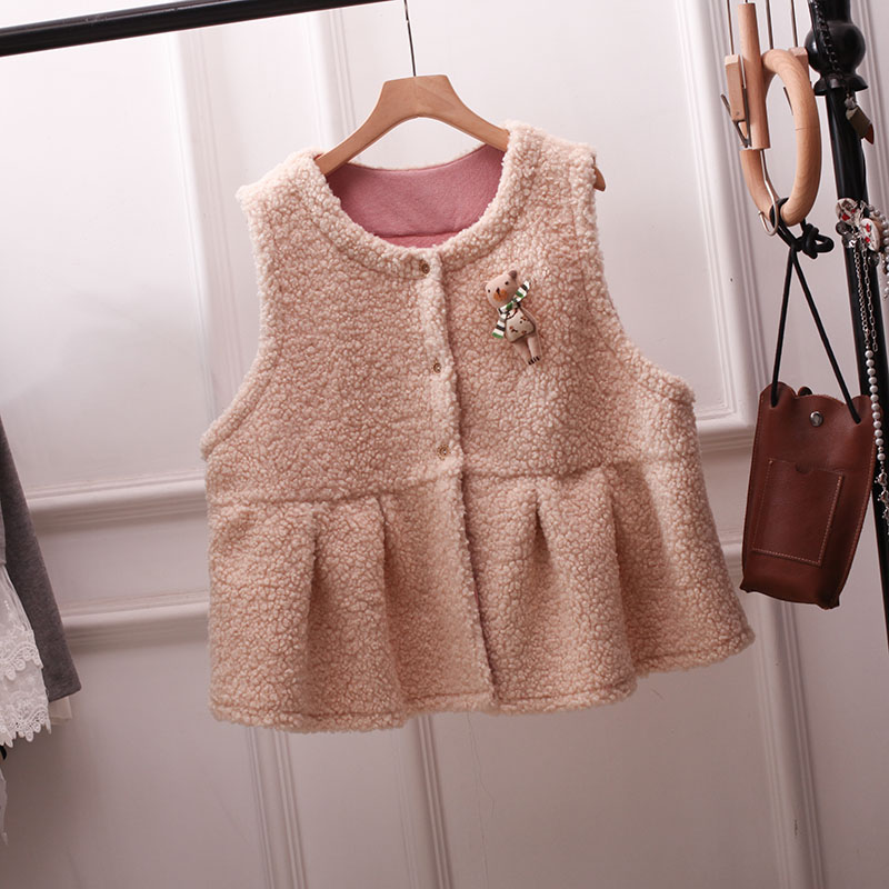 秋冬日系复古仿羊羔毛马甲女圆领无袖百搭宽松背心外搭上衣娃娃衫