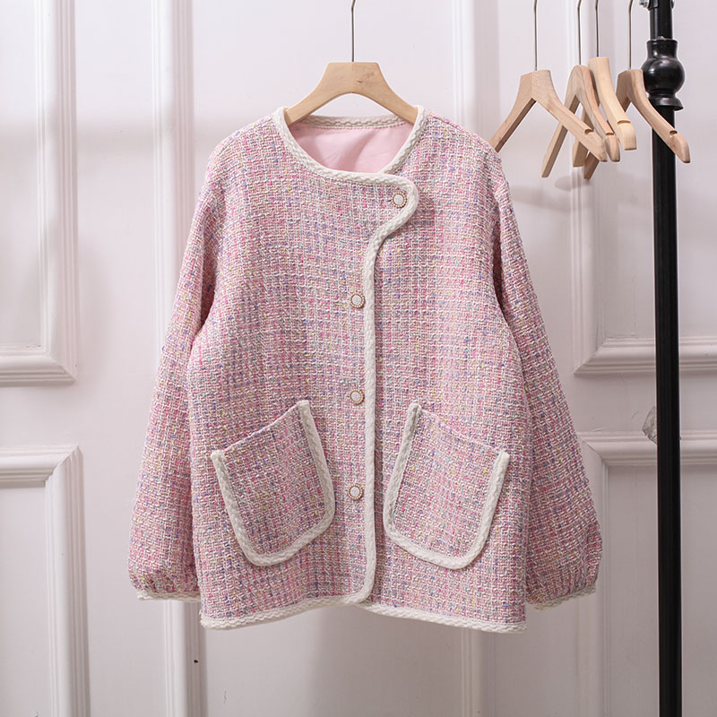 韩版粗花呢小香风外套女士大码