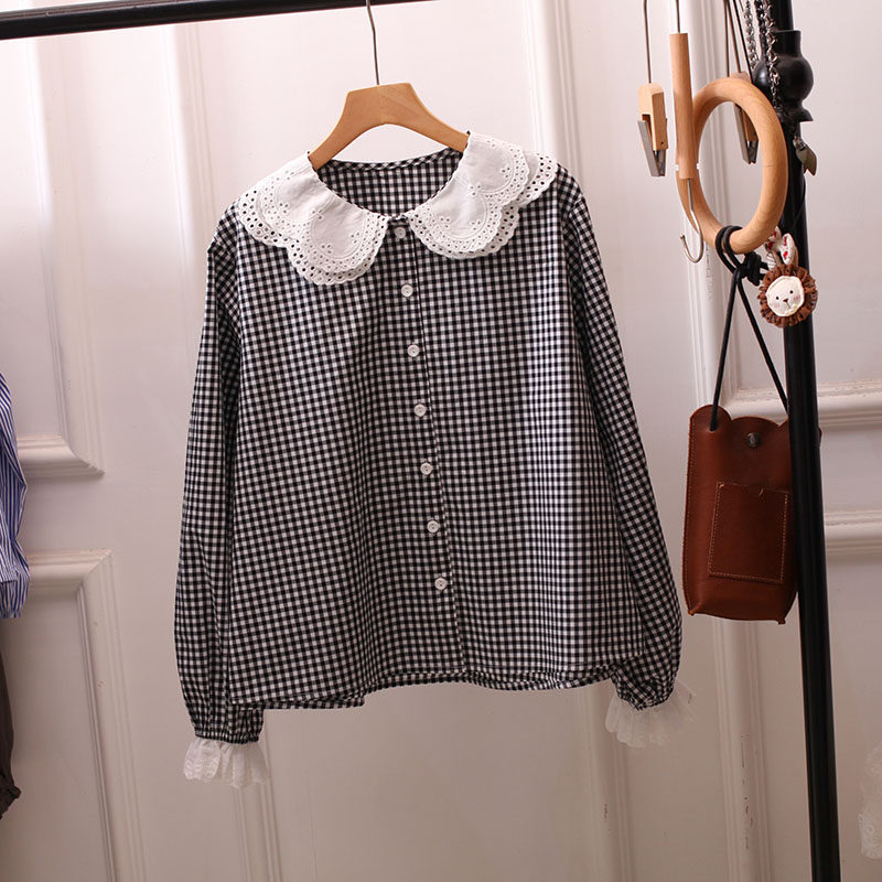 日系娃娃领格子衬衫大码设计感