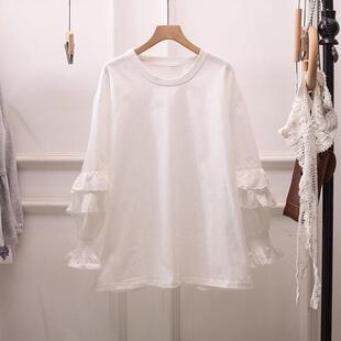 日系蕾丝花边长袖白色T恤女衬衫宽松大码百搭中长款上衣打底衫胖M