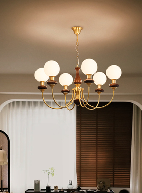 西早 法式复古全铜卧室吊灯 南洋风新中式白蜡木黑色餐厅客厅灯具