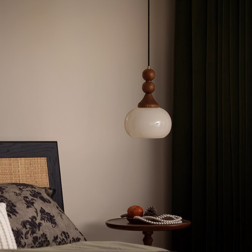 法式中古床头柿子小吊灯美式复古氛围灯轻奢高级白蜡木2025新款