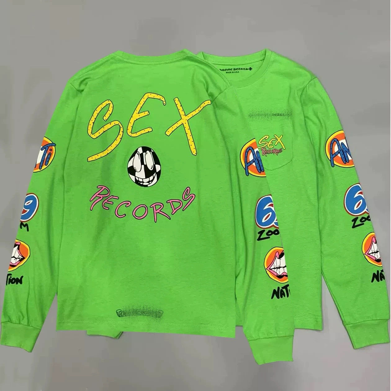 潮流新品潮牌梵文绿色卡通字母嘴唇圆领宽松型纯棉男女款长袖T恤