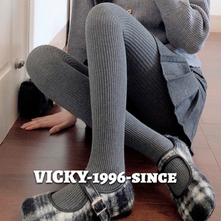袜 深灰加厚条纹紧身打底裤 日本Vicky烟灰色连裤 袜秋冬保暖打底裤