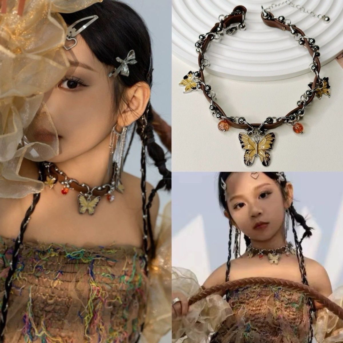 儿童款复古棕色蝴蝶吊坠项链小众皮革穿插设计锁骨链个性百搭颈链