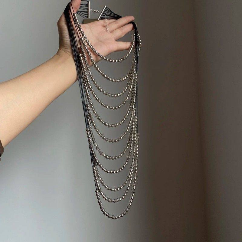 波西米亚高级银色夸张多层嘻哈女士项链秋冬长款个性复古毛衣链潮