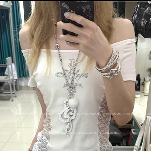 甜酷亚文化天使翅膀音符皮质项链朋克辣妹长款锁骨链少女感毛衣链