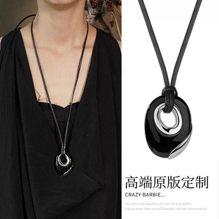 非金属皮质项链 高级长款皮绳吊坠项链自由打结可调节百搭毛衣链