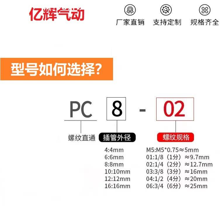 黑色铜软管气管气动快速接头 PC8-02直通气动接头快插接头6mm