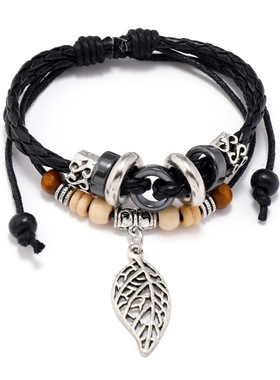 牛皮手链欧美个性可调节树叶编织