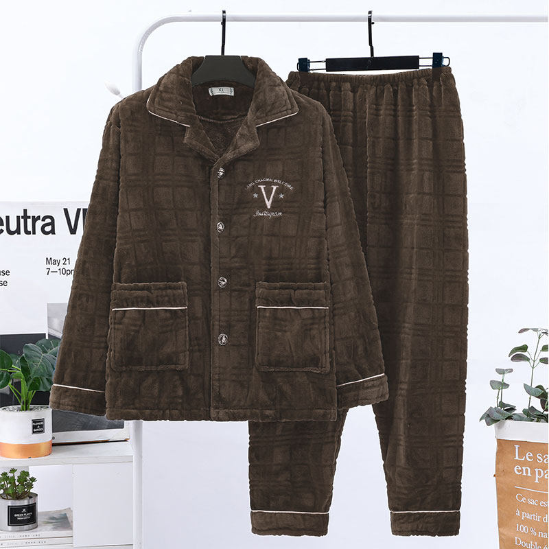 秋冬新款男士加绒加厚法兰绒睡衣可外穿宽松男款家居服冬季套装