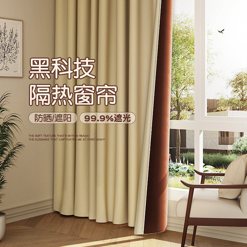 卧室窗帘全遮光2025新款黑金客厅防晒隔热飘窗布高级感阳台遮阳帘