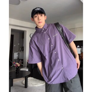 紫色多巴胺短袖衬衫男款日系复古学院风夏季薄款外套冰丝刺绣衬衣