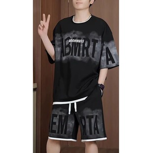 美式复古字母印花套装男25年夏季薄款潮流宽松大码休闲运动两件套