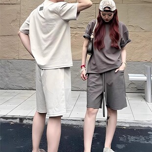 夏季新款水皱棉短袖短裤套装男美式慵懒风松弛感穿搭情侣休闲套装