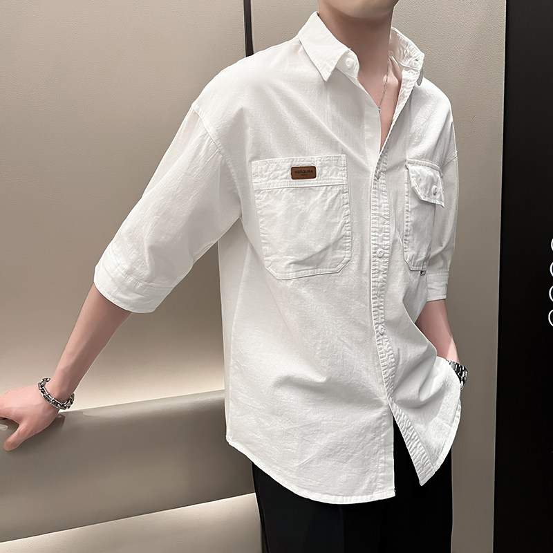 2025新款双口袋设计短袖T恤男款夏季潮牌痞帅宽松休闲百搭五分袖