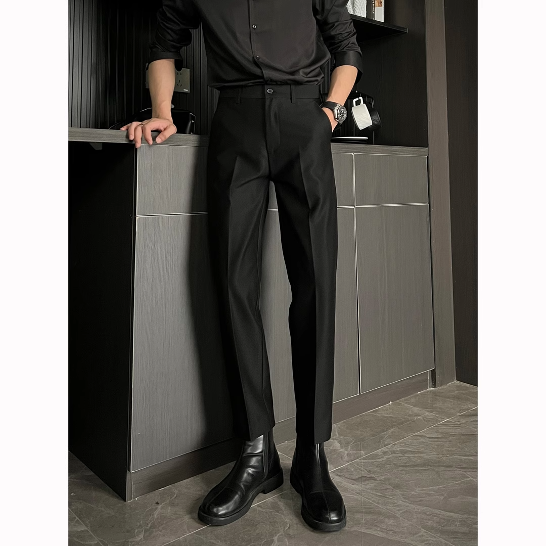 黑色修身直筒西裤男休闲窄版九分裤痞帅高级感男装春秋2025长裤子