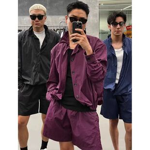 紫色时尚薄款休闲套装男款夏季高级感痞帅风衬衫外套短裤两件套潮