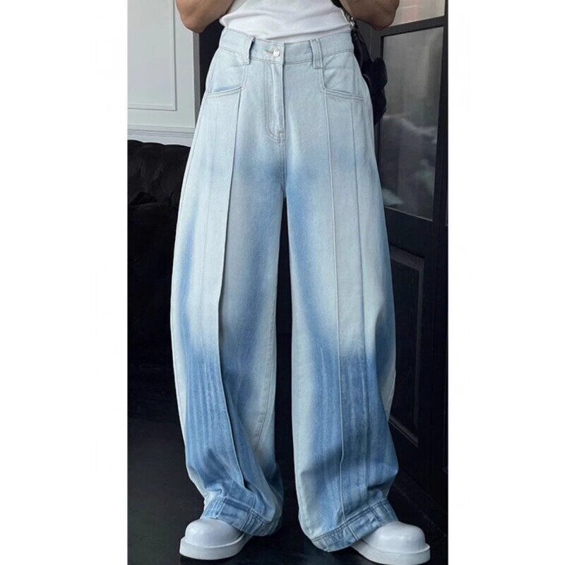 冰川蓝色水洗渐变阔腿牛仔裤男夏季新款松弛感宽松直筒休闲长裤子