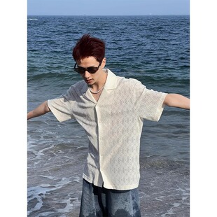 高级感痞帅古巴领镂空短袖衬衫男夏季新款夏威夷宽松百搭衬衣外套
