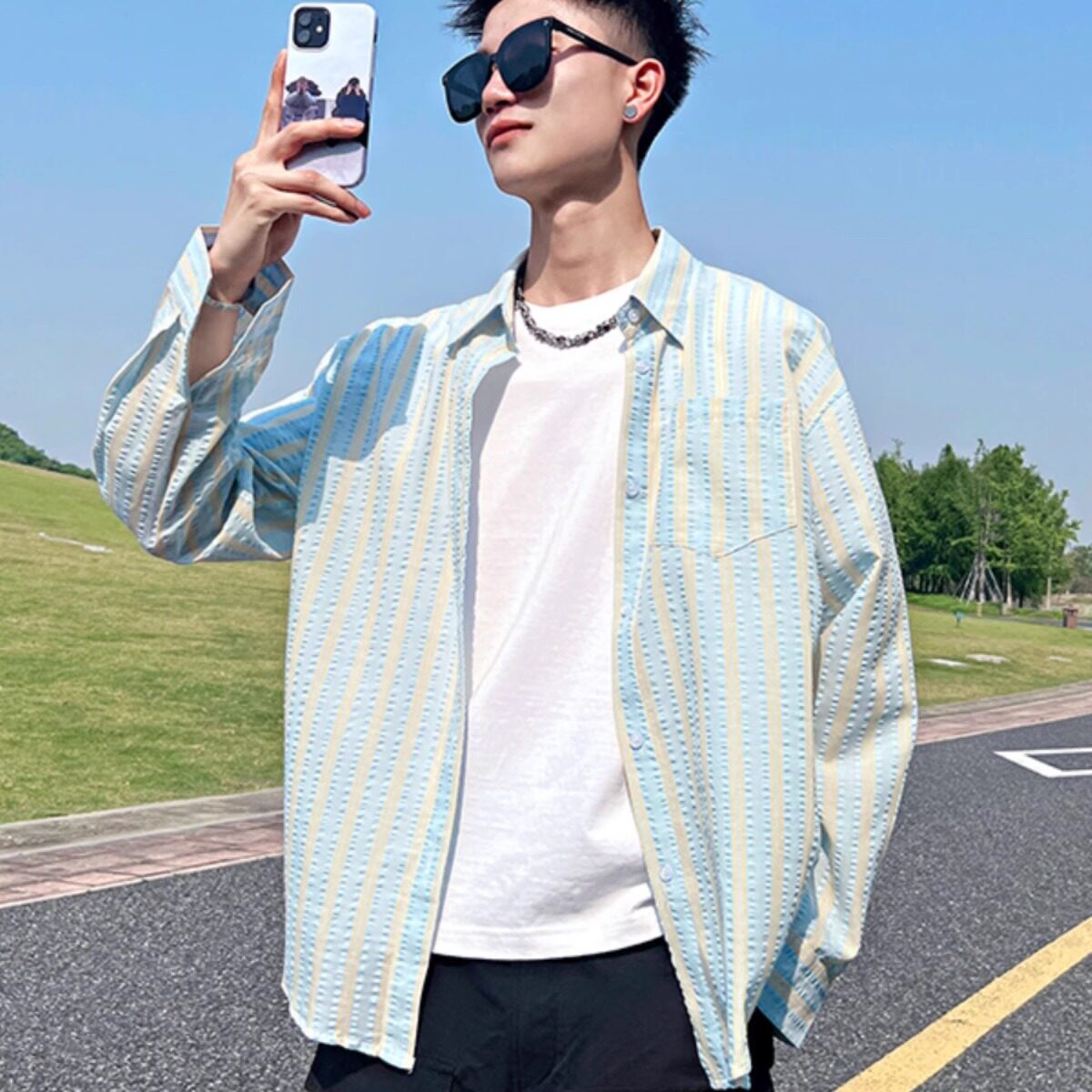 夏季新款薄荷曼波风条纹长袖衬衫男款轻薄透气慵懒风潮流衬衣外套