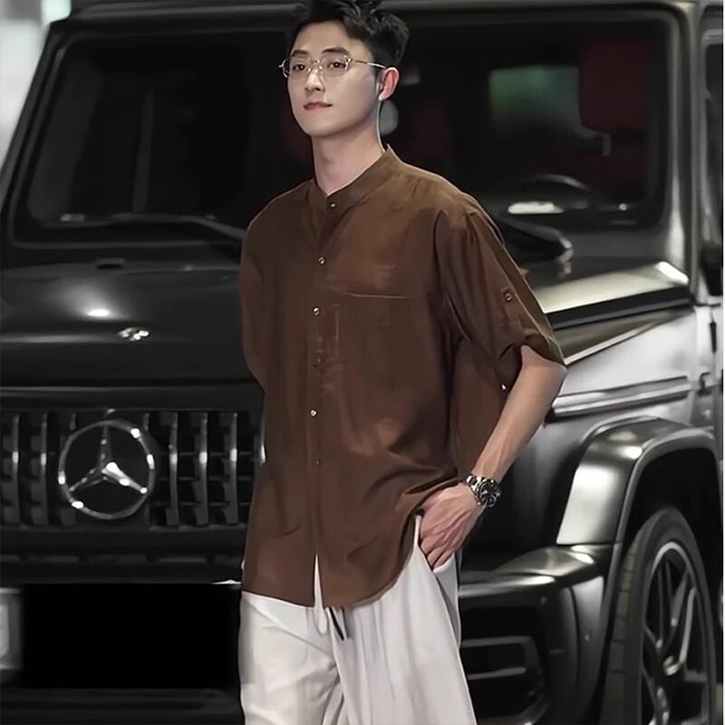夏季老钱风立领短袖衬衫男款高级感百搭潮牌痞帅亚麻冰丝衬衣外套