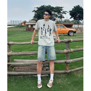 美式复古牛仔短裤男2025新款ins潮牌宽松直筒五分裤高街痞帅中裤