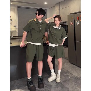 夏季超火套装男款潮牌轻柔肌理感泡泡纱短袖衬衫短裤情侣两件套潮