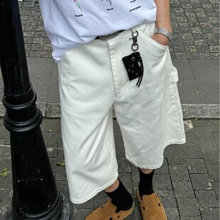 美式vibe高街白色牛仔短裤男女款潮牌痞帅宽松百搭直筒五分裤子