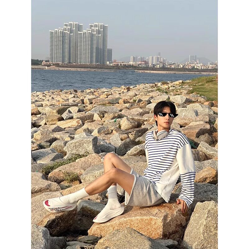 夏季新款白蓝色拼接条纹长袖T恤男款高级感潮牌重磅宽松圆领上衣