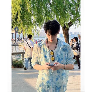 蓝色立体流苏衬衫男款穿搭夏天度假风薄款长袖衬衣防蚊虫防晒外套