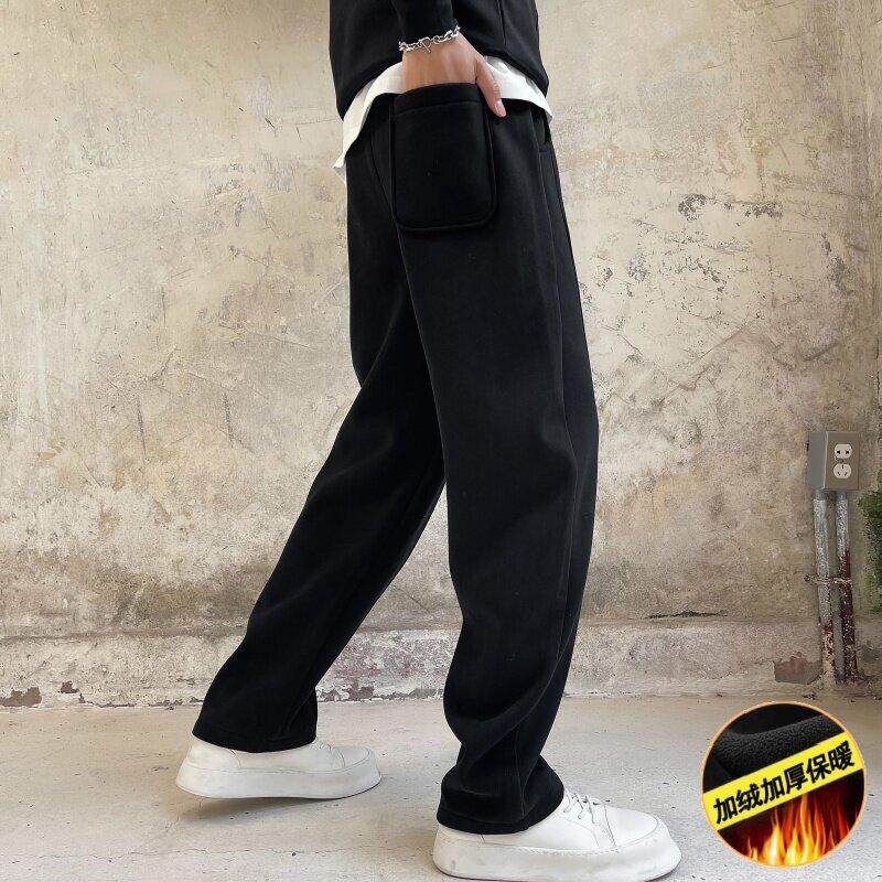 冬季黑色加绒加厚卫裤男款宽松直筒休闲裤2024新款潮牌弯刀长裤子