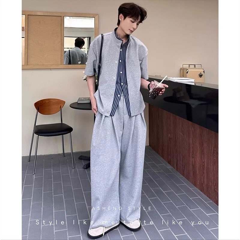 夏季假两件短袖衬衫男款套装韩版宽松休闲慵懒风长裤痞帅两件套潮