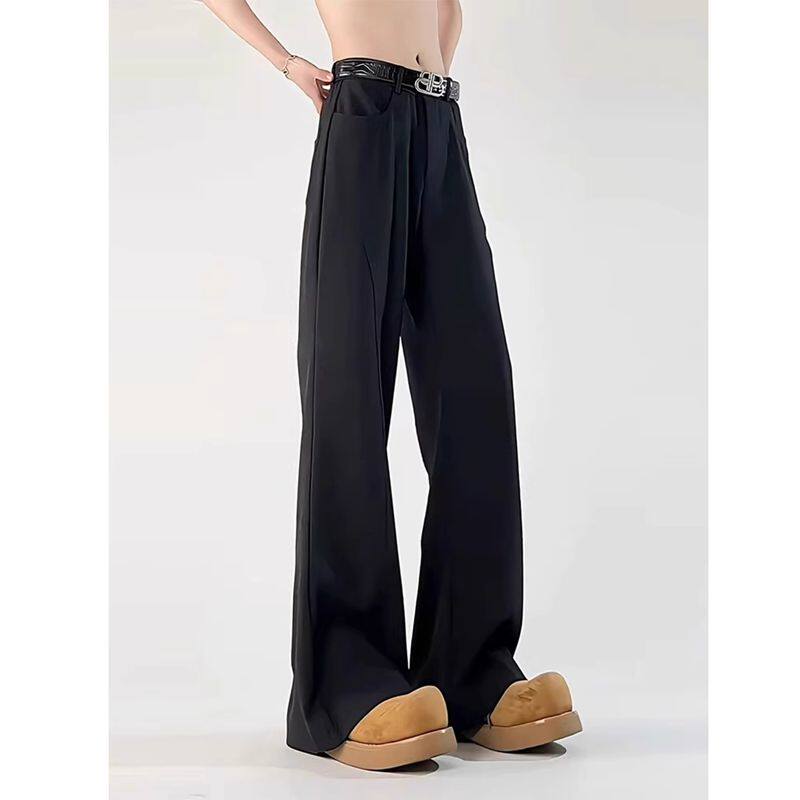 黑色冰丝垂感西裤男款夏季薄款小众高级感修身显瘦直筒微喇裤子