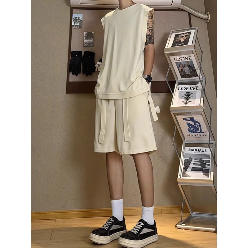 夏季飘带设计休闲运动背心套装男款夏季潮牌纯色上衣短裤一整套潮