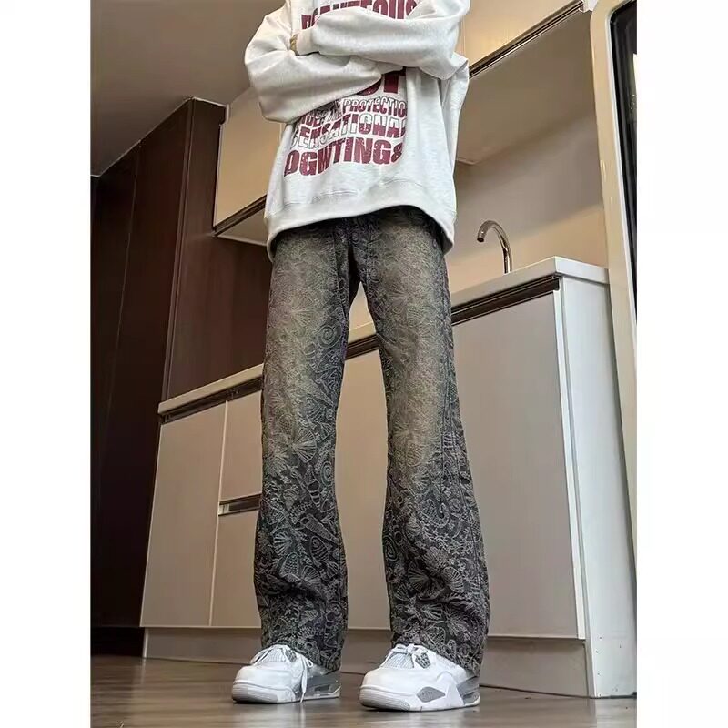 美式复古提花牛仔裤男款2025春秋新款高街vibe修身显瘦直筒微喇裤