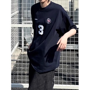 新款美式vibe高街风球衣男款重磅纯棉小领口正肩短袖T恤刺绣上衣