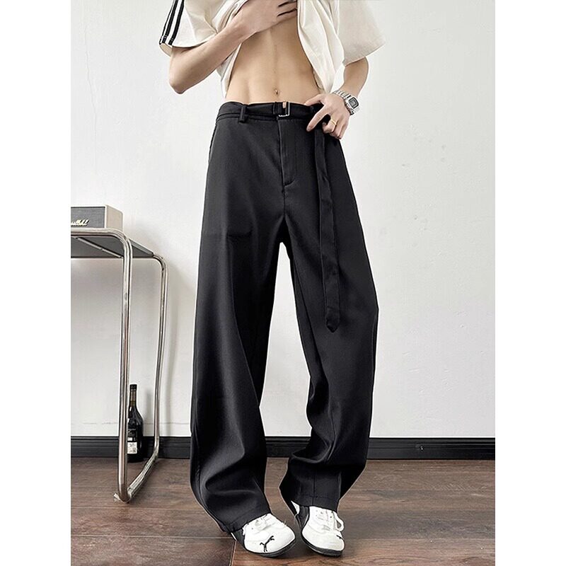 夏季薄款冰丝男款休闲西裤潮牌cleanfit痞帅高级感拖地直筒阔腿裤