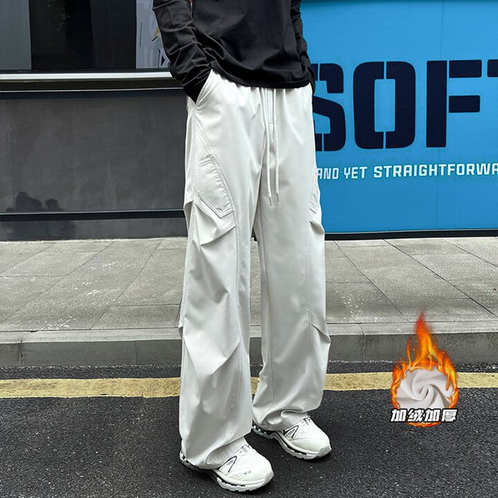悍纪多口袋加绒加厚休闲裤男女秋冬季褶皱阔腿工装潮流户外冲锋裤