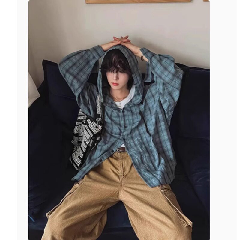 夏季新款蓝色格子防晒连帽衬衫男慵懒风宽松休闲百搭长袖衬衣外套
