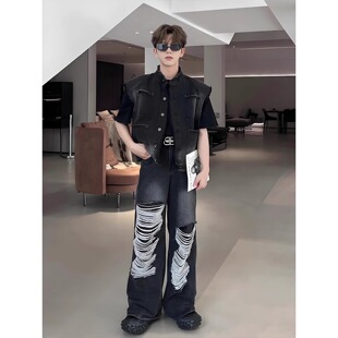 美式vibe牛仔马甲男款夏季潮牌毛边设计痞帅高级感时尚两件套潮