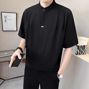 黑色痞帅冰丝立领短袖衬衫男款夏季轻熟风穿搭小众高级感中袖衬衣