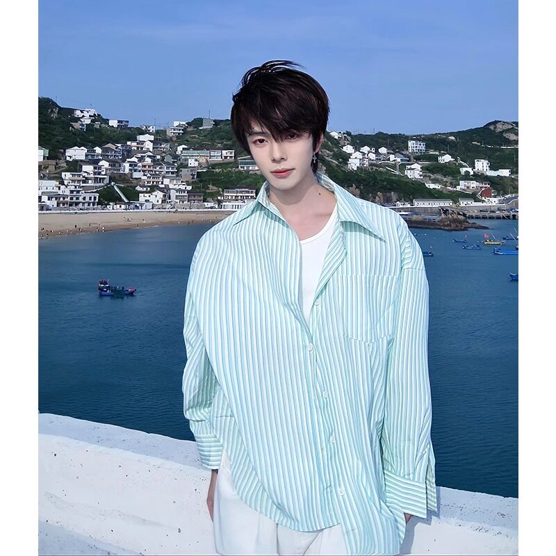 薄荷曼波风绿色条纹长袖衬衫男夏季新款阳光干净海边度假情侣衬衣