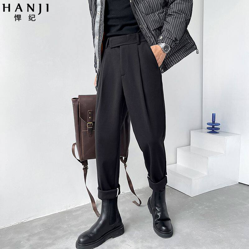 毛呢休闲裤男士秋冬季高级感痞帅宽松直筒小脚九分男装哈伦长裤子