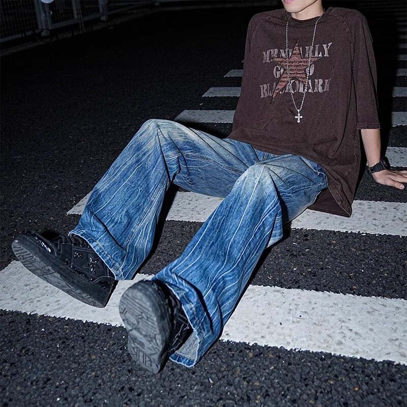 美式复古水洗蓝闪电纹牛仔裤男款夏季高街宽松直筒阔腿微喇长裤子